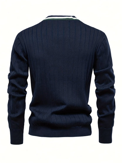 Herren Rippstrick Cardigan Marineblau mit V-Ausschnitt & Kontraststreifen