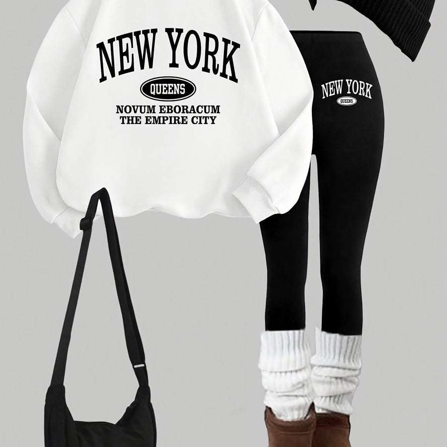 Damen Trainingsanzug Set Sweatshirt & Leggings New York Queens Print Schwarz