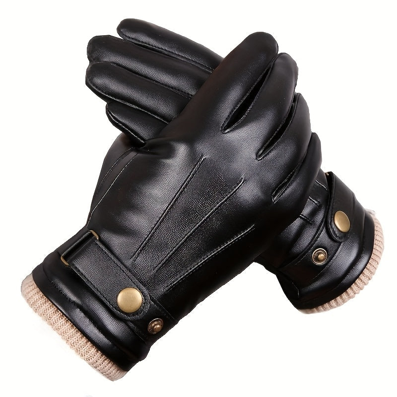 Unisex Handschuhe mit Strickbündchen, Schnalle und Druckknopf, Braun