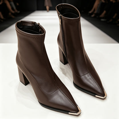 Damen Stiefelette Spitz zulaufend Blockabsatz Reißverschluss
