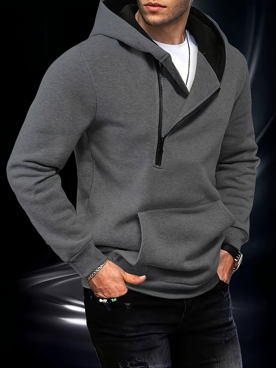 Herren Hoodie mit diagonalem Reißverschluss und Kängurutasche Weiß