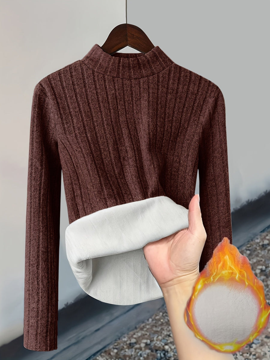 Gerippter Damen Pullover mit hohem Kragen und warmem Fleecefutter, Langarm, Slim Fit
