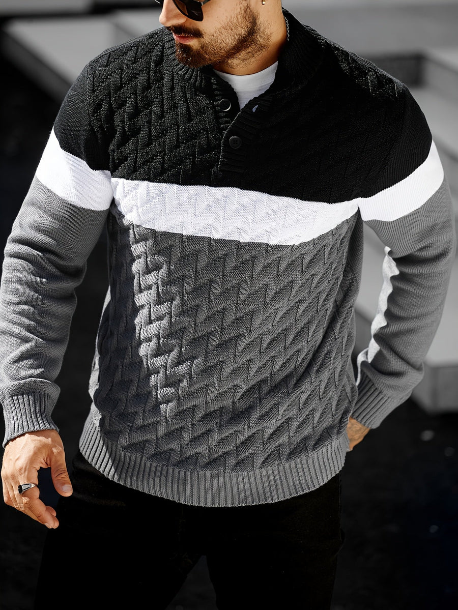Herren Strickpullover mit Stehkragen und Knopfleiste, Farbblock Design