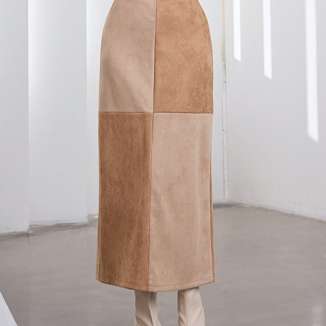 Damen Midi-Rock Patchwork A-Linie Zweifarbig mit hohem Bund