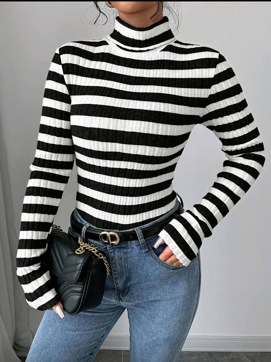 Damen Rollkragenpullover gestreift, Rippstrick, Langarm