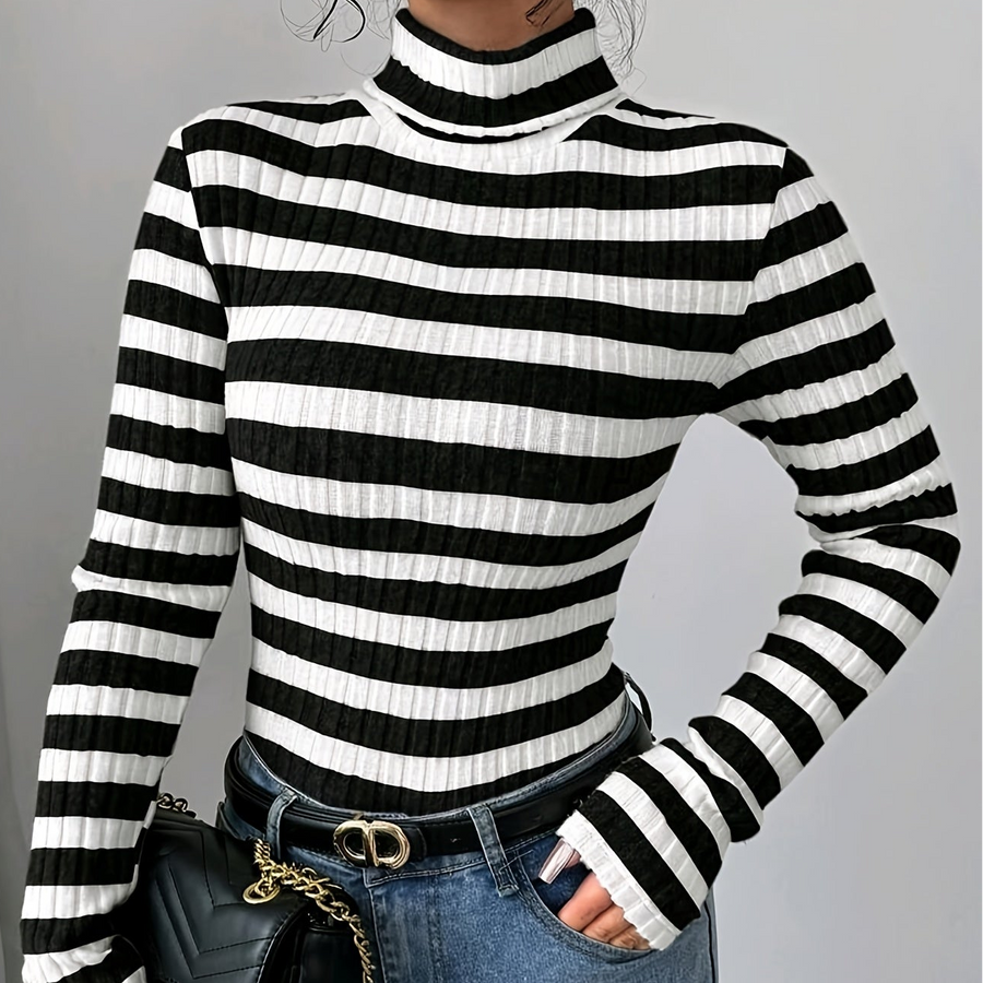 Damen Rollkragenpullover gestreift, Rippstrick, Langarm