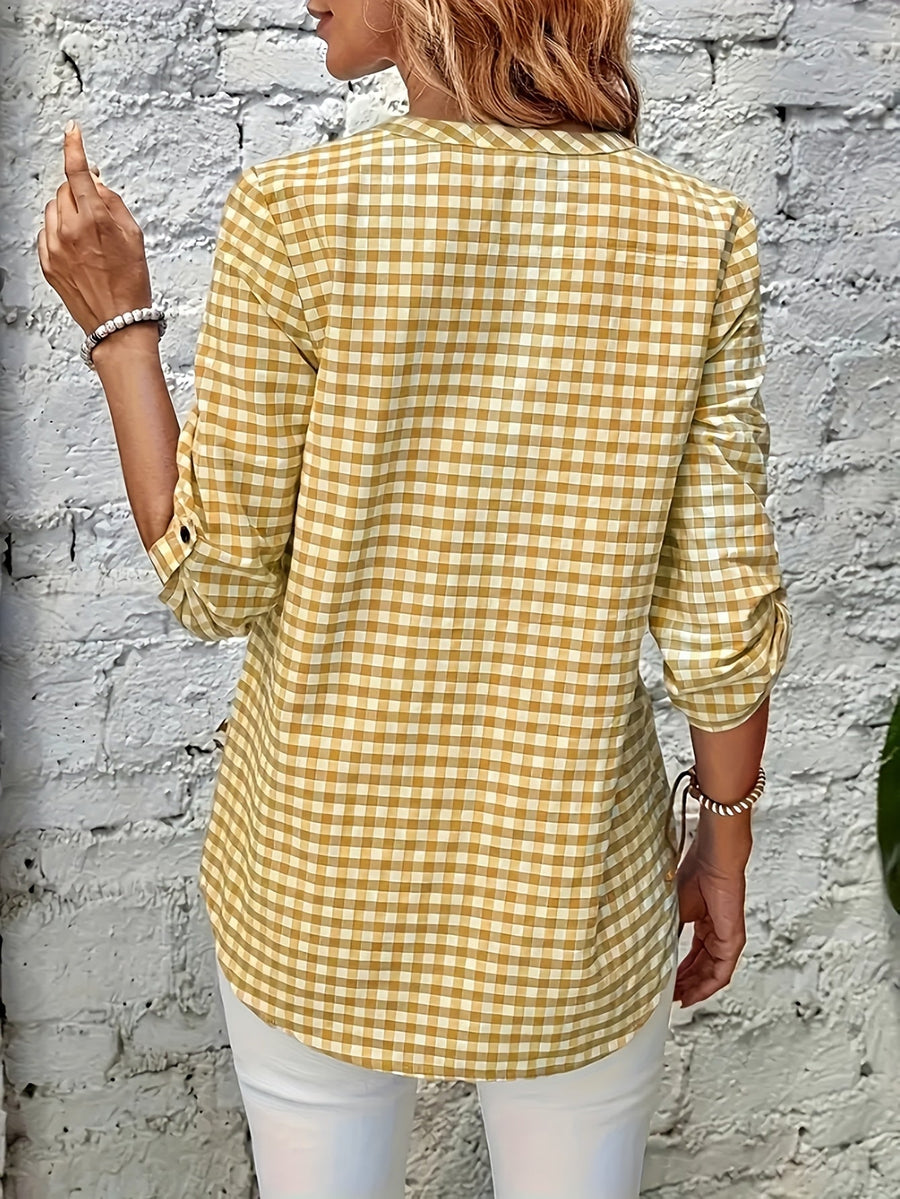 Damen Casual Karo Bluse mit Knopfleiste und 3/4-Ärmeln – Perfekt für Alltag & Freizeit