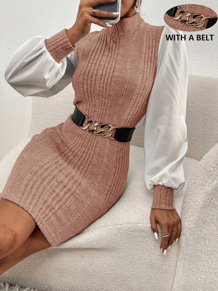 Damen Rippstrick-Kleid mit Stehkragen und Puffärmeln, inklusive Gürtel