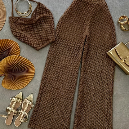 Damen Zweiteiler Set – Elegantes Netz-Top und Weitbeinige Hose für Urlaub & Strand