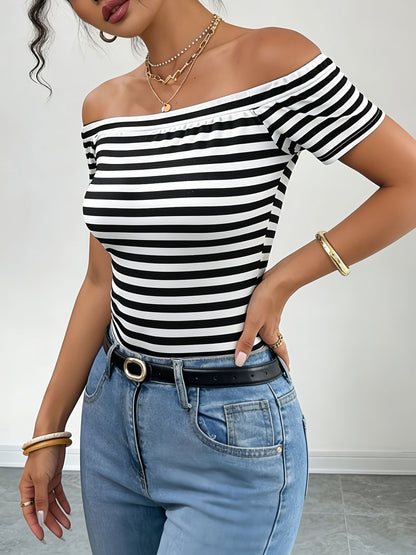 Damen Off-Shoulder Streifen-Shirt – Elegantes Bardot-Oberteil für Freizeit und Ausgehen