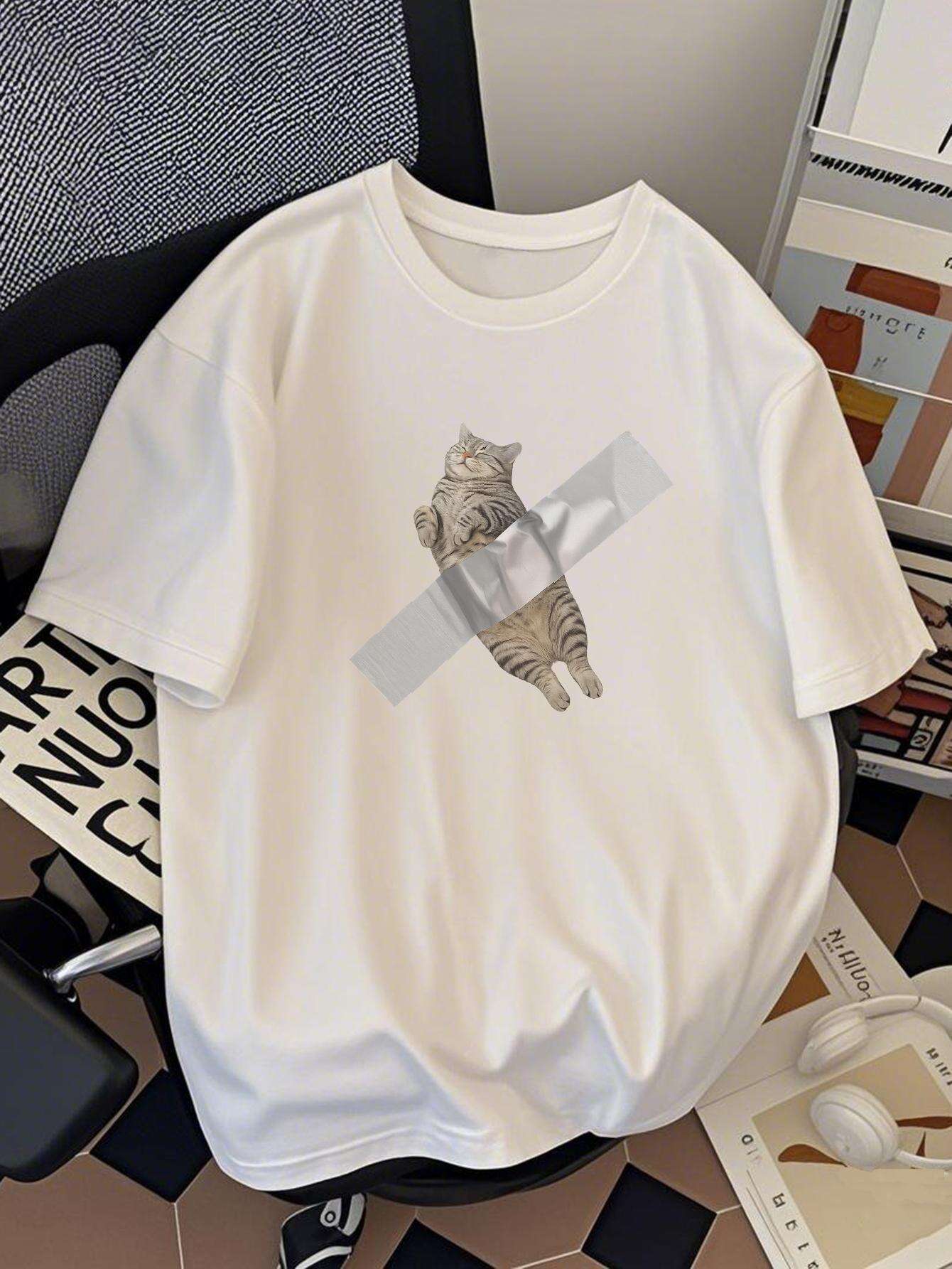 Herren T-Shirt mit lustigem Katzen-Print und Tape-Motiv – Lockeres Streetwear für Alltag & Freizeit