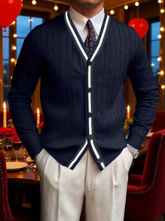 Herren Rippstrick Cardigan Marineblau mit V-Ausschnitt & Kontraststreifen