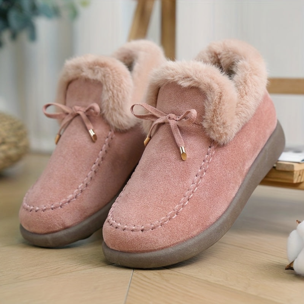 Damen Hausschuhe Rosa mit Kunstfellfutter & Schleife, Bequeme Winter Pantoffeln