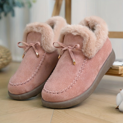 Damen Hausschuhe Rosa mit Kunstfellfutter & Schleife, Bequeme Winter Pantoffeln