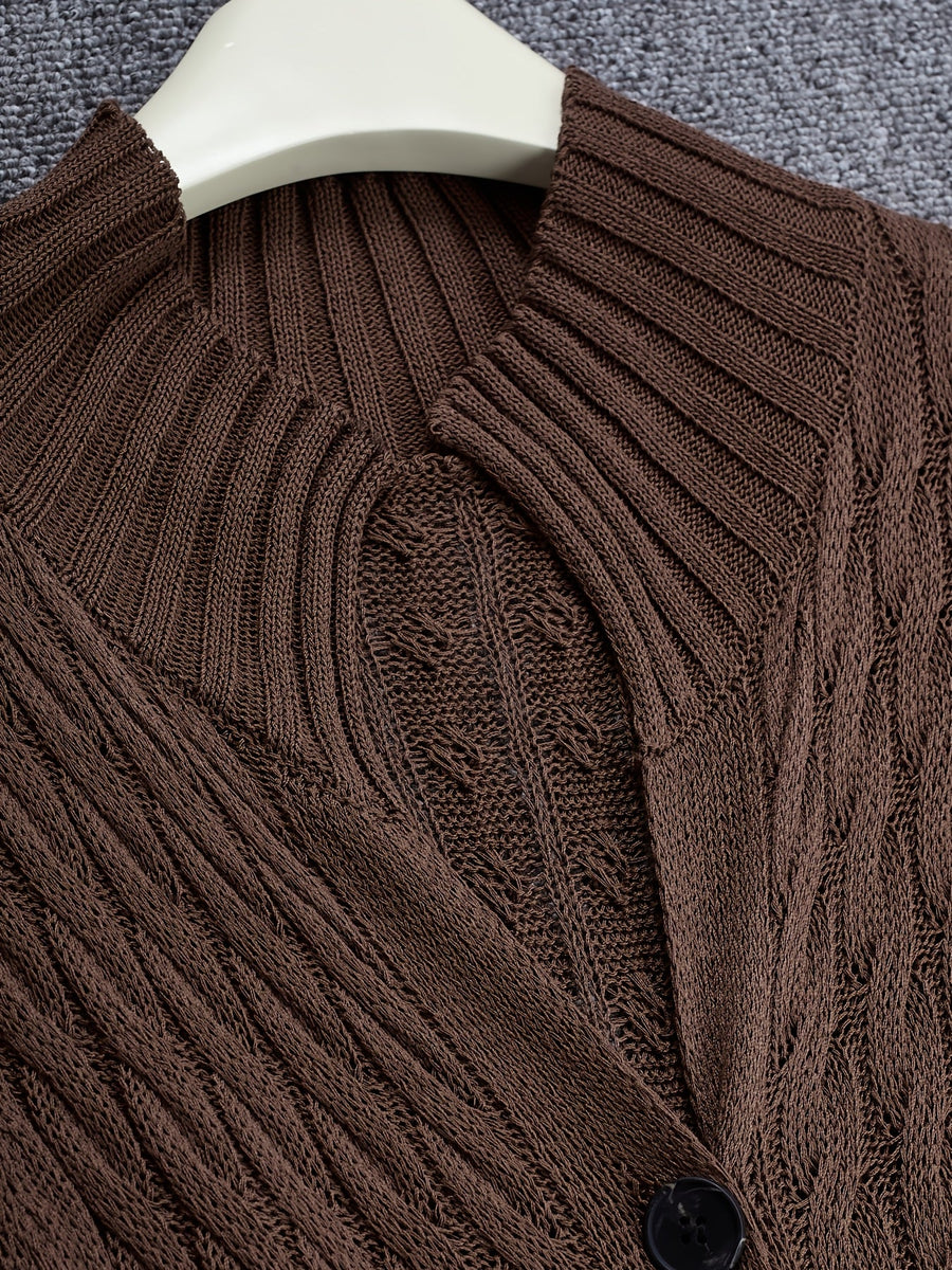 Damen Strickkleid Weste Maxi Ärmellos Knopfleiste Kabelmuster Stehkragen