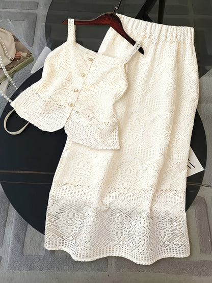 Damen Zweiteiler Set Spitzen Top und Midirock Elegant für Alltag und Feiern