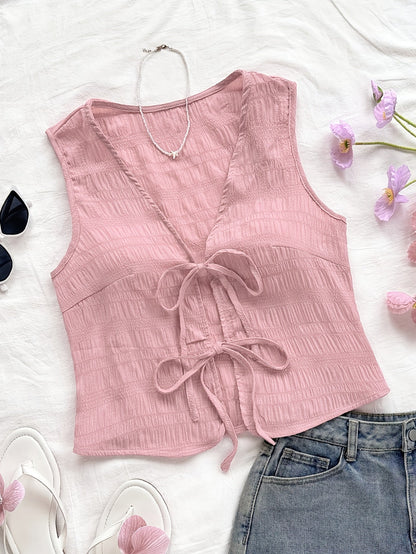 Damen Boho Weste mit Bindeband und Crinkle-Optik – Modisches ärmelloses Top für Freizeit und Urlaub