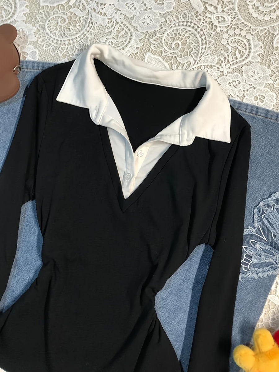 Damen Langarmshirt Schwarz Weiß mit Polo-Kragen