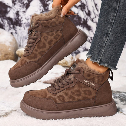 Damen Winter Stiefelette gefüttert mit Leopardenmuster, Schnürung und dicker Sohle