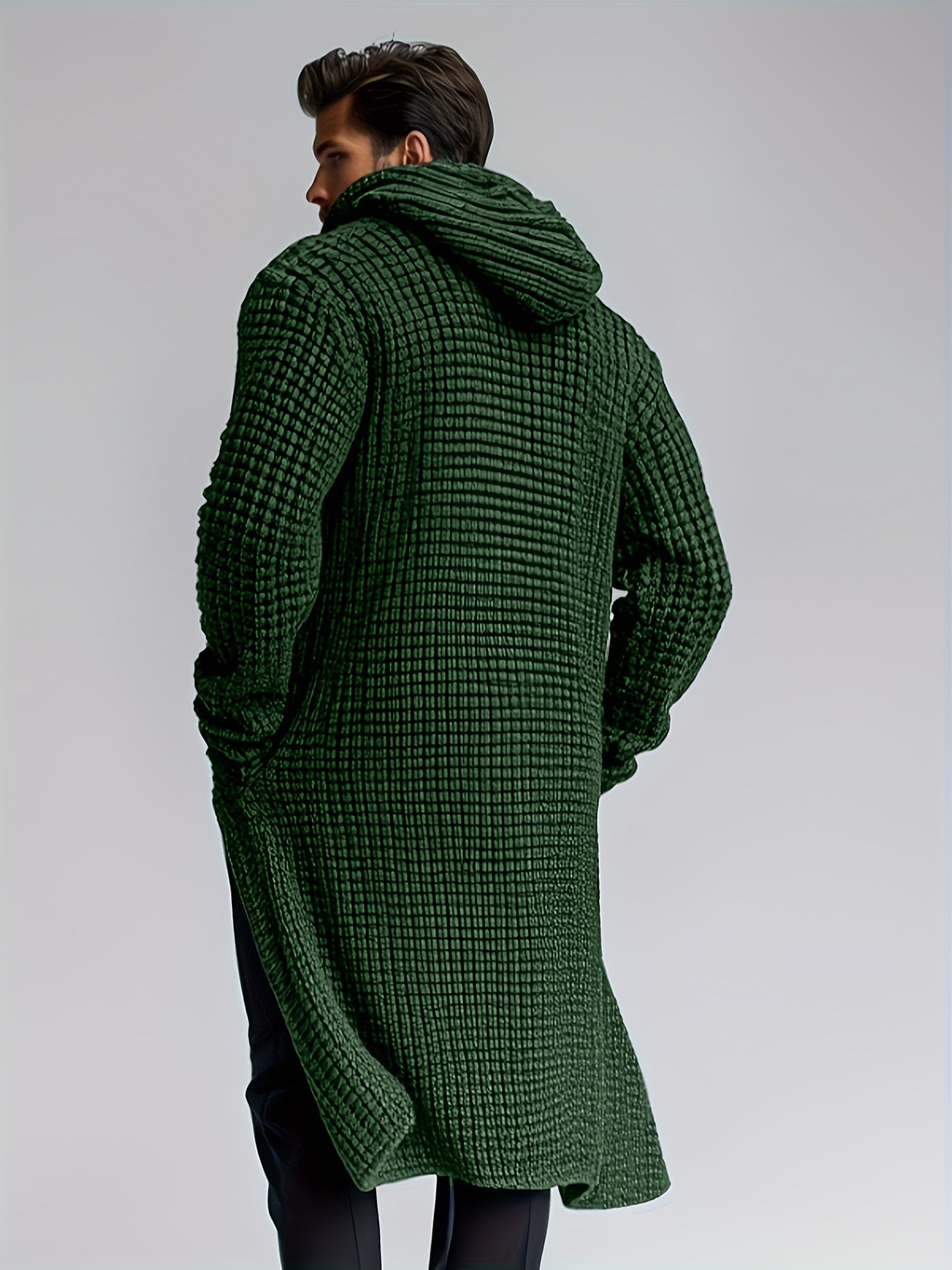 Herren Strickmantel mit Kapuze | Langer Bademantel in Waffelstruktur