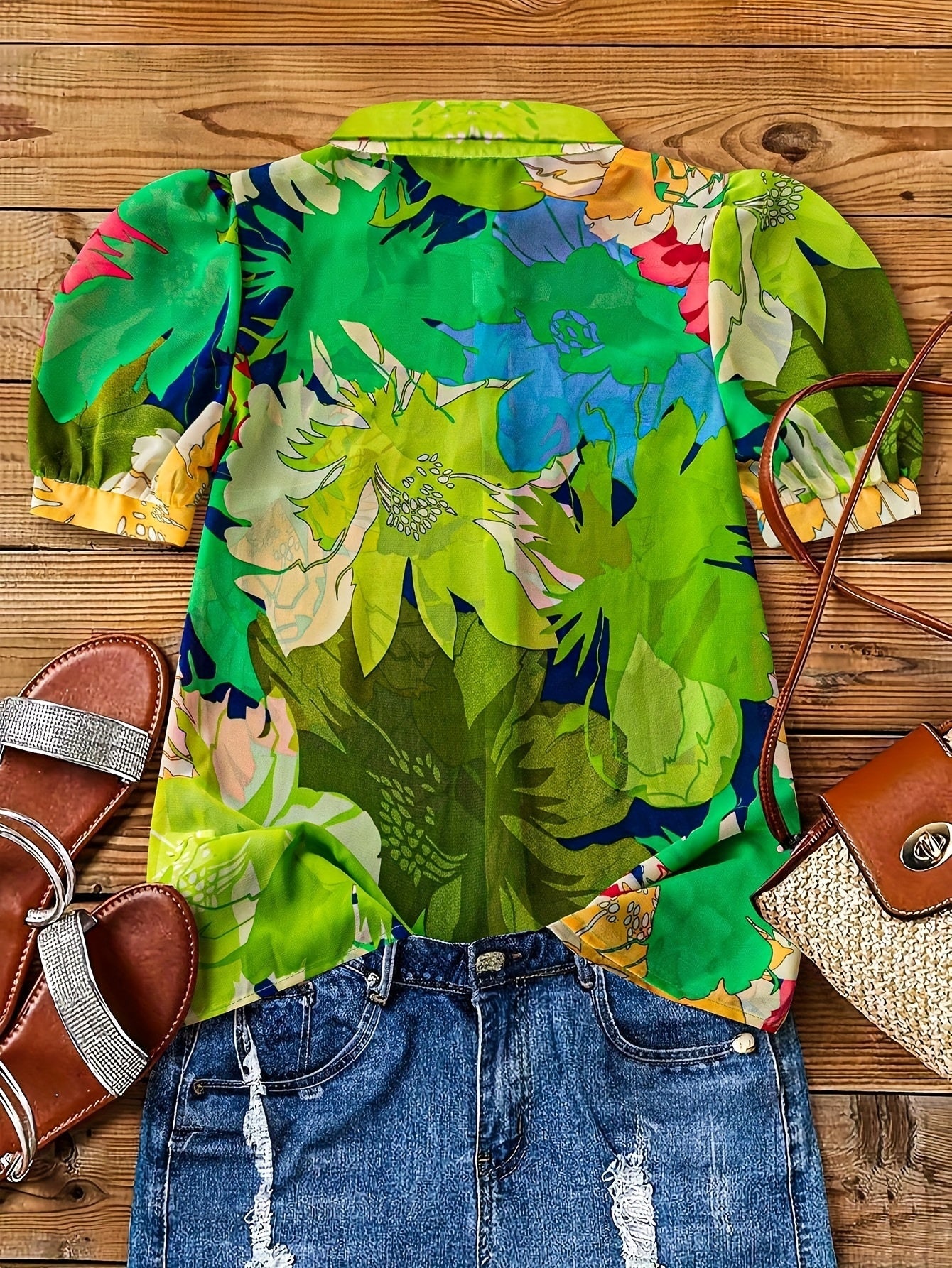 Damen Bluse mit Blumenmuster und Puffärmeln – Modische Hemdbluse für Freizeit und Ausgehen