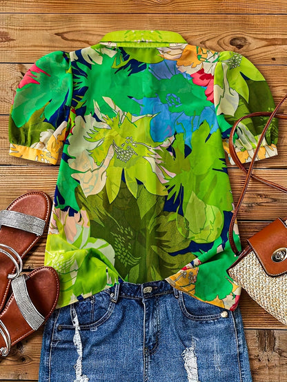 Damen Bluse mit Blumenmuster und Puffärmeln – Modische Hemdbluse für Freizeit und Ausgehen