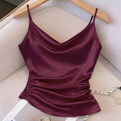 Damen Satin-Top mit Wasserfallausschnitt und Raffungen – Elegantes Camisole für besondere Anlässe