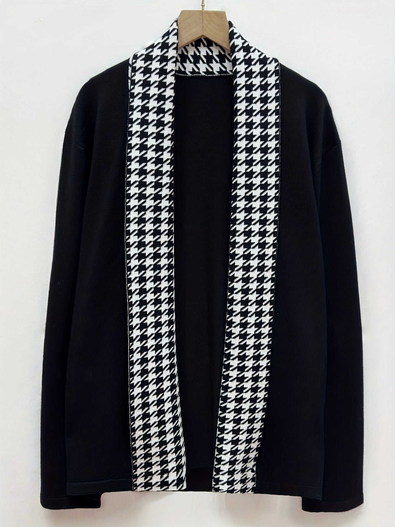 Herren Cardigan Schwarz mit Hahnentritt-Muster Offene Vorderseite