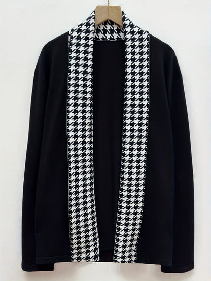Herren Cardigan Schwarz mit Hahnentritt-Muster Offene Vorderseite