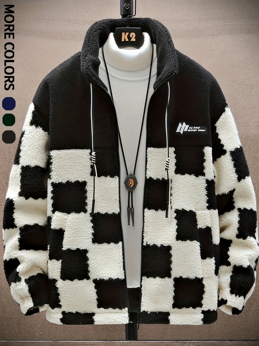 Teddyfleece Jacke Herren Kariert Blau Weiß Stehkragen Reißverschluss