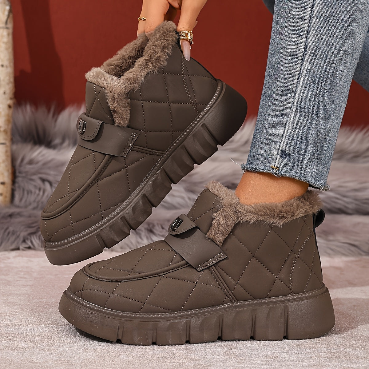 Damen Winter Stiefeletten Schwarz gesteppt mit Kunstfellfutter & dicker Sohle