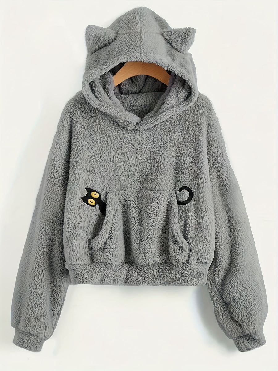 Flauschiger Kapuzenpullover mit Katzenohren und Kängurutasche für Damen