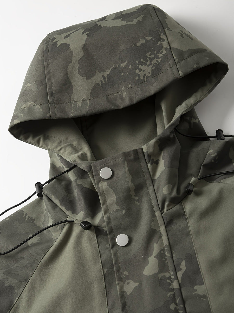 Herren Jacke Camouflage mit Kapuze und Reißverschluss, Olivgrün/Dunkelgrün
