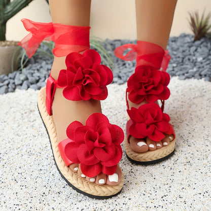 Damen Espadrille-Sandalen mit Blumenapplikation und eleganter Schleifenbindung – Romantische Sommerschuhe für besondere Anlässe