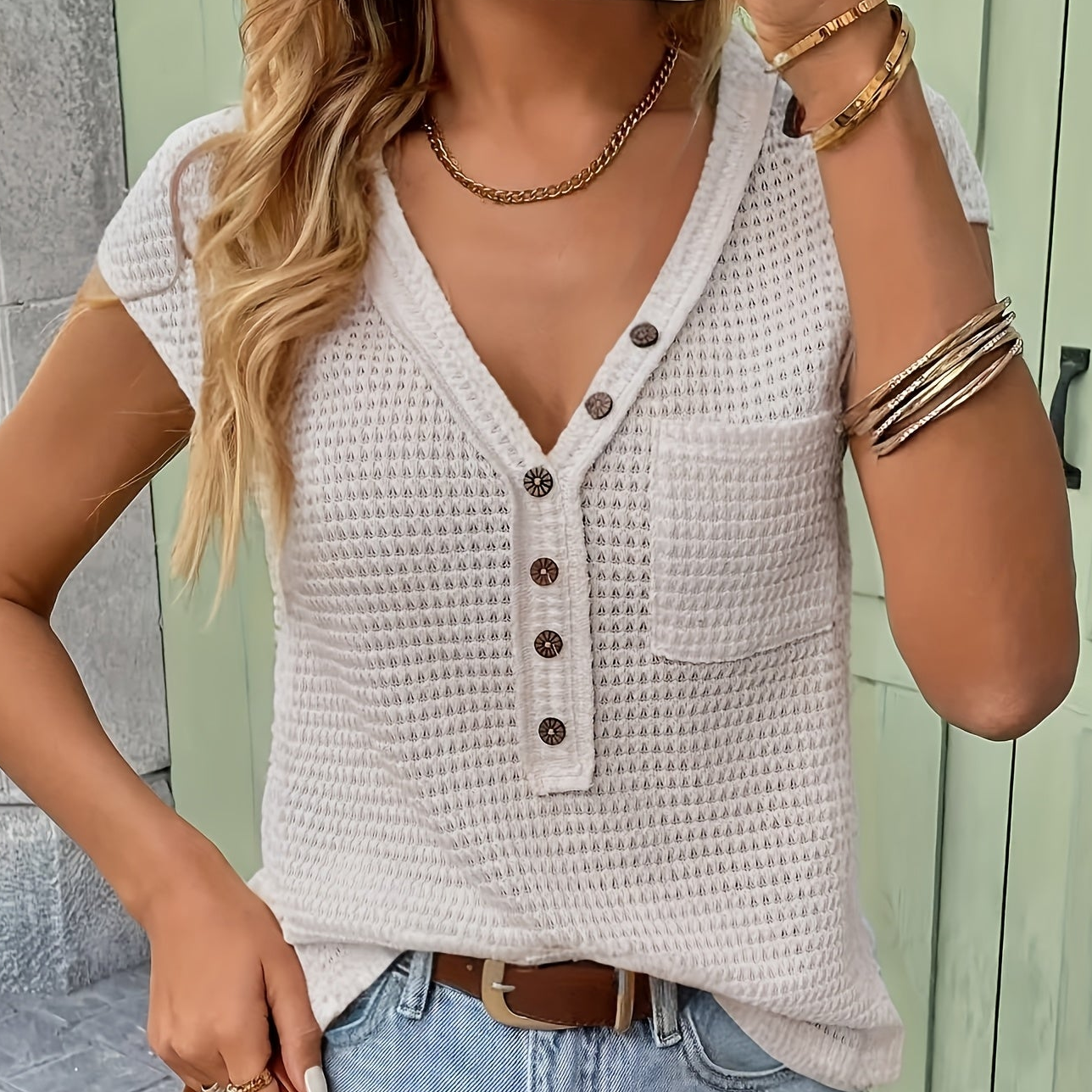 Damen Henley Shirt mit Knopfleiste und Struktur – Lässiges Kurzarm-Oberteil für Alltag und Freizeit
