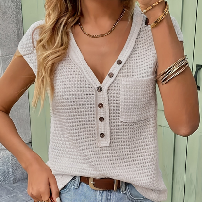 Damen Henley Shirt mit Knopfleiste und Struktur – Lässiges Kurzarm-Oberteil für Alltag und Freizeit
