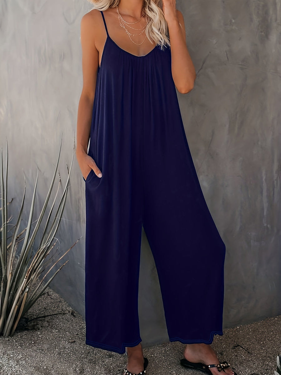 Damen Weite Casual Jumpsuit mit Spaghettiträgern – Luftiger Einteiler für Freizeit & Urlaub