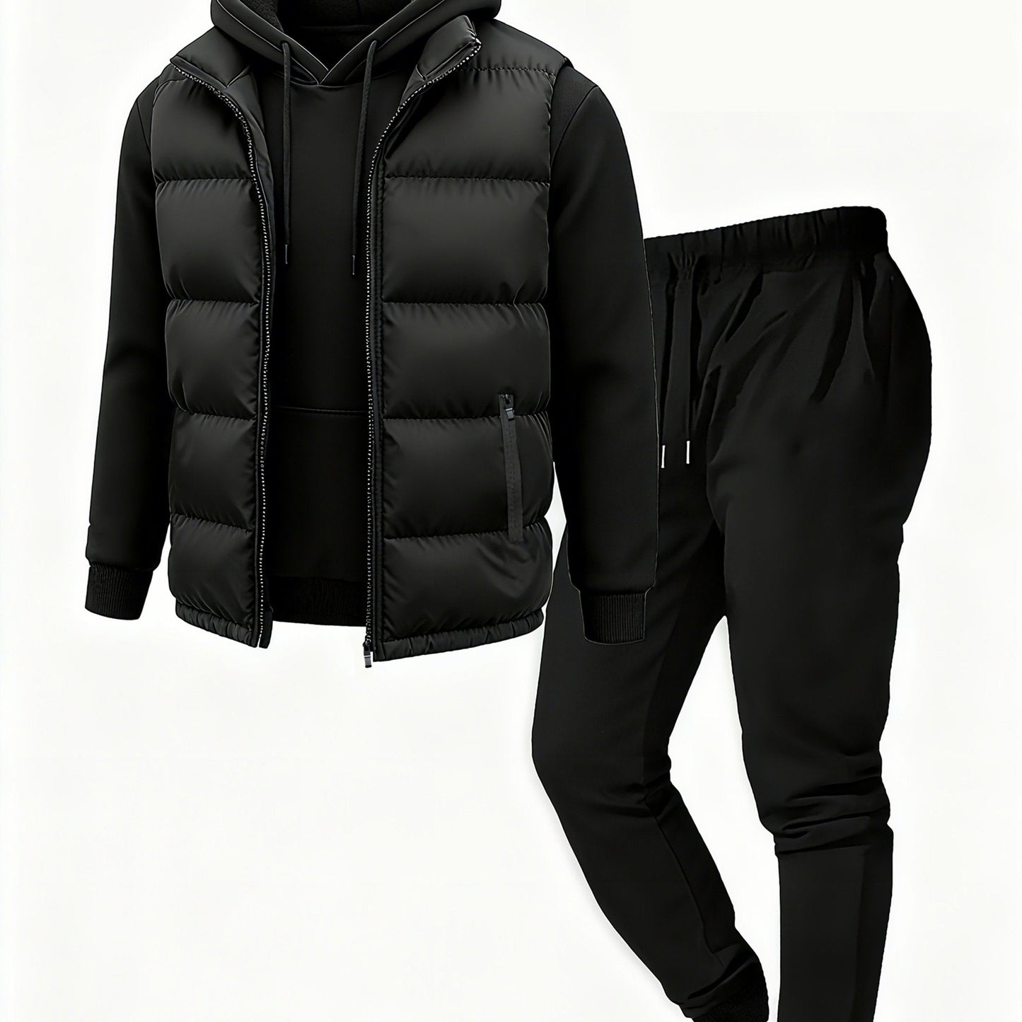 Herren Freizeit Anzug Set mit Steppweste, Kapuzenpullover und Jogginghose in Schwarz