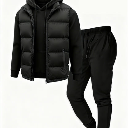 Herren Freizeit Anzug Set mit Steppweste, Kapuzenpullover und Jogginghose in Schwarz