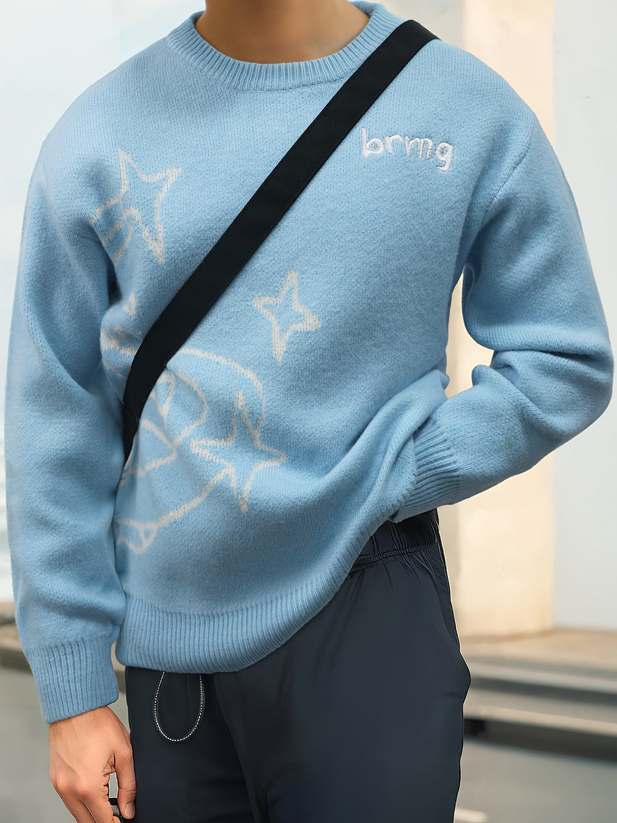 Unisex Strickpullover Rundhals mit Planeten- & Sternenmuster, Weit Geschnitten