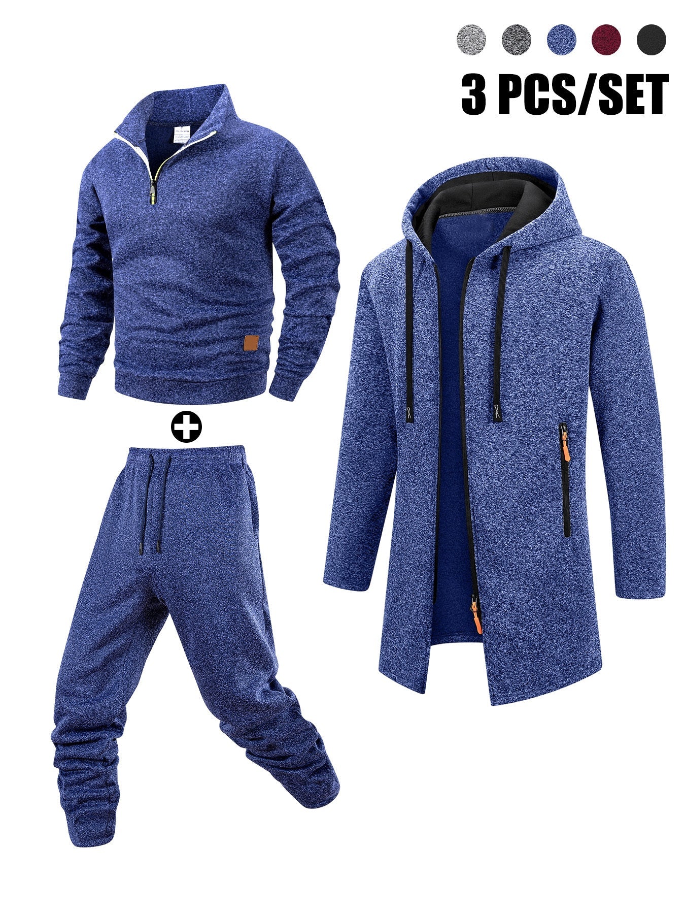 Herren 3-teiliger Trainingsanzug Set mit Kapuzenmantel, Pullover und Hose