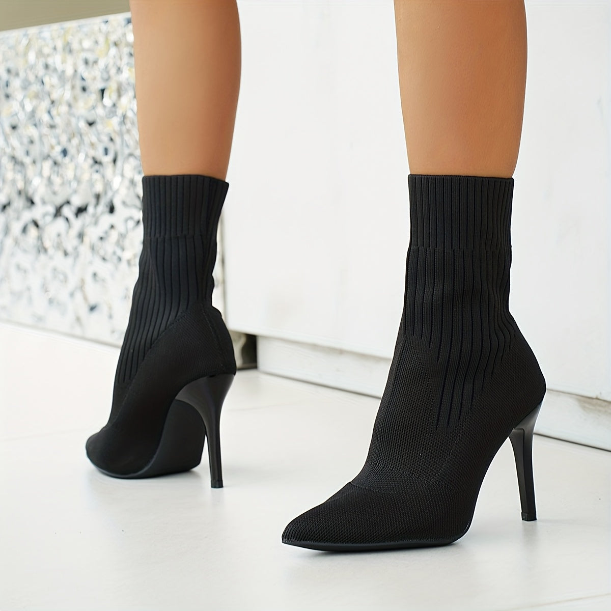 Damen Strick Stiefel Braun Stiletto Absatz Spitz Zeh