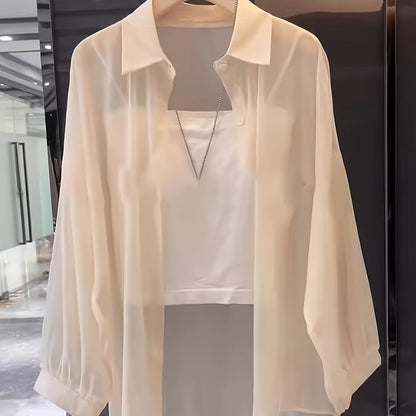 Damen Elegantes Zweiteiler-Set mit Transparenter Bluse und Bandeau Top – Modisches Layering für Alltag und Ausgehen