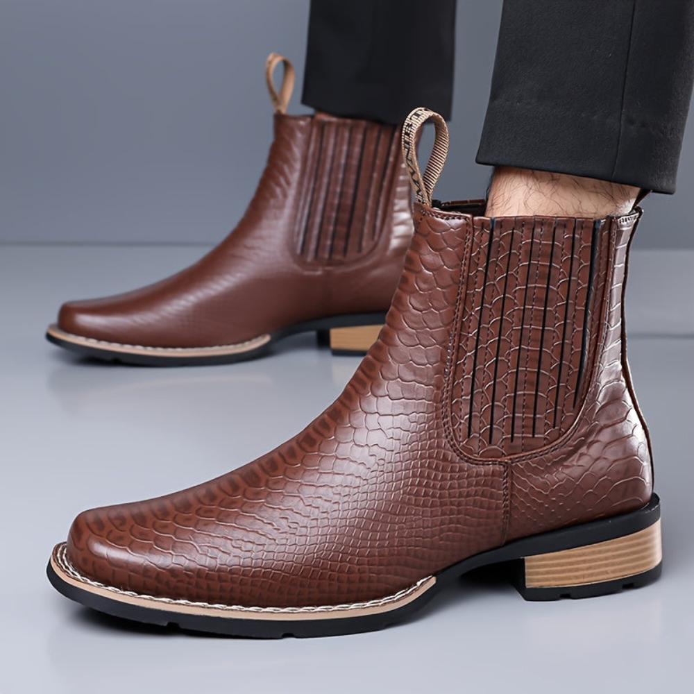 Herren Chelsea Boots mit Kroko-Muster, quadratischer Zehenkappe, Schwarz