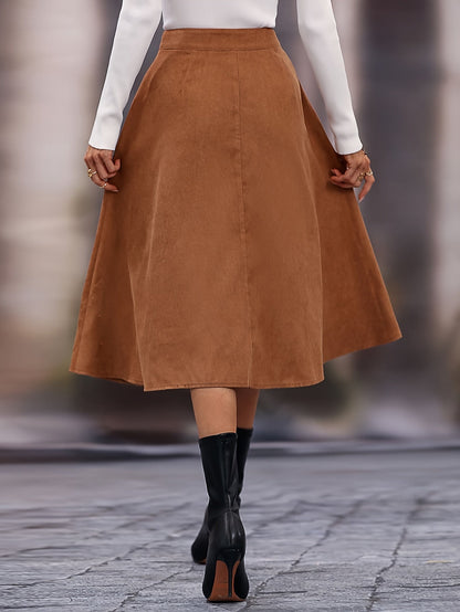 Damen A-Linien Rock Midi mit Knopfleiste Hoher Taille Braun