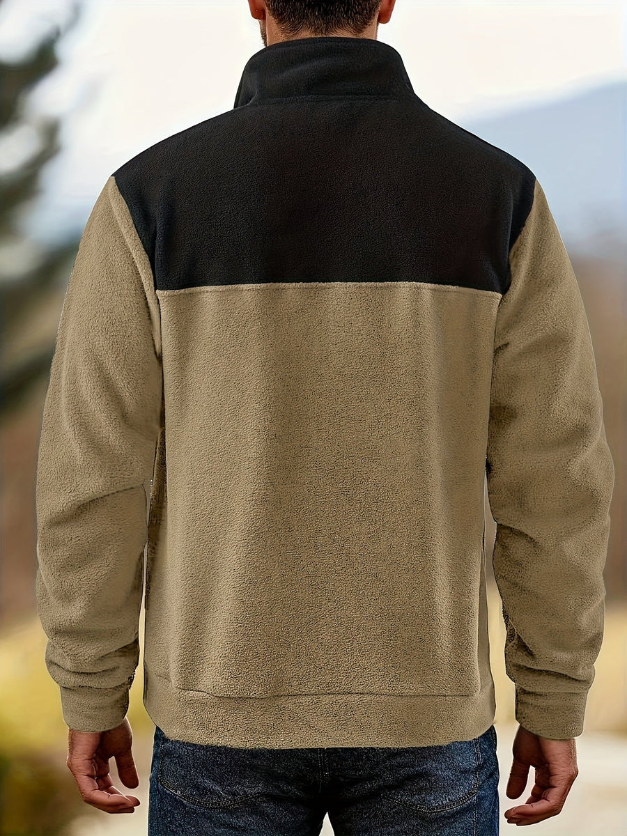 Herren Fleece Pullover mit Stehkragen und Knopfleiste - Zweifarbig
