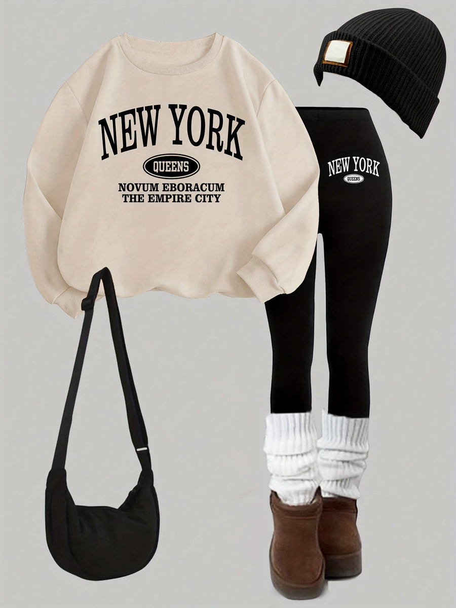 Damen Trainingsanzug Set Sweatshirt & Leggings New York Queens Print Schwarz