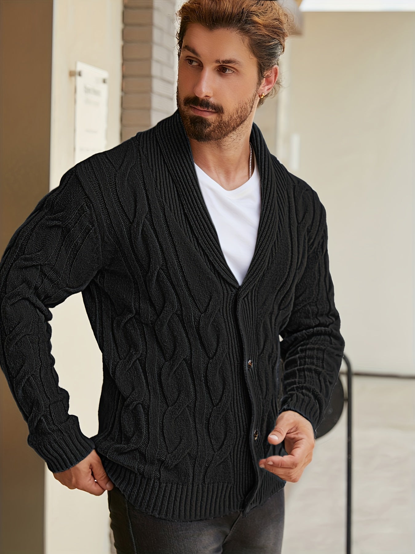 Herren Strickjacke Schalkragen Zopfmuster Knöpfe