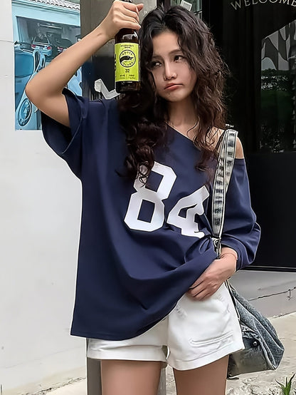 Damen Oversize Varsity T-Shirt mit großem Print 84 – Lässiger Streetwear Look
