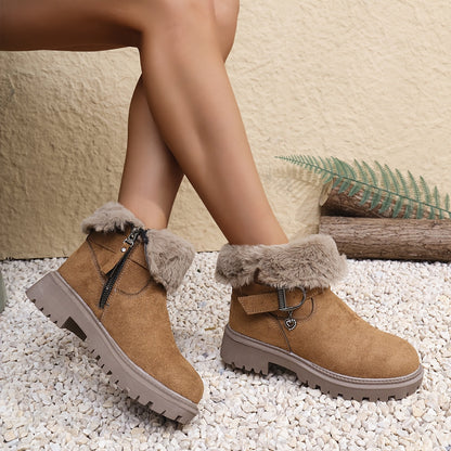 Damen Winterstiefel Braun Knöchelhoch Warm Gefüttert mit Schnalle